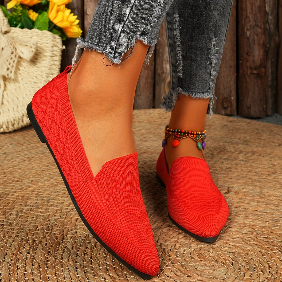 Women's Breathable Slip-On Mary Jane Flats with Fabric Upper and Rubber Sole