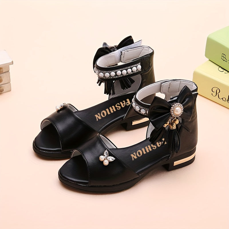 Girls Summer Open Toe Sandals with Bowknot Low Top PU Material for Vacation and Casual Wear