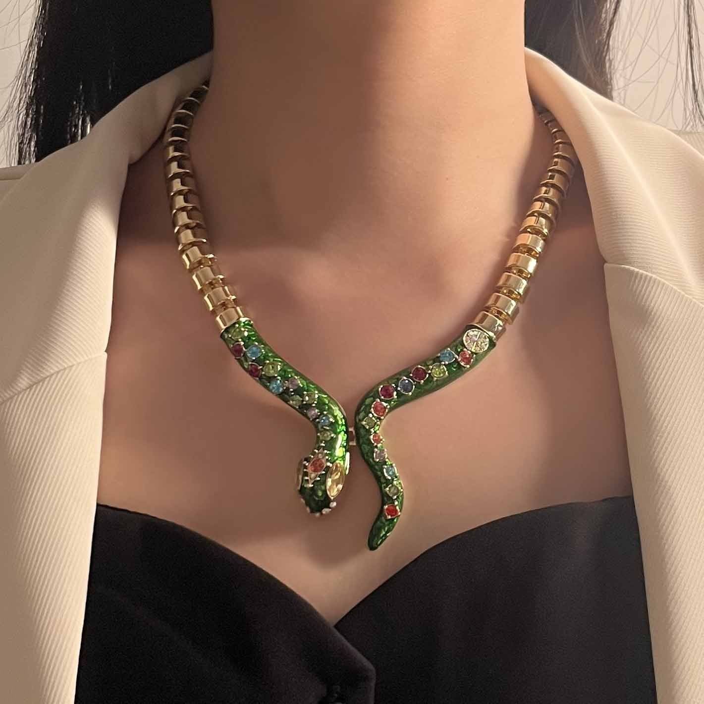 Boho Green Snake Pendant Necklace with Colorful Zirconia Alloy Chain