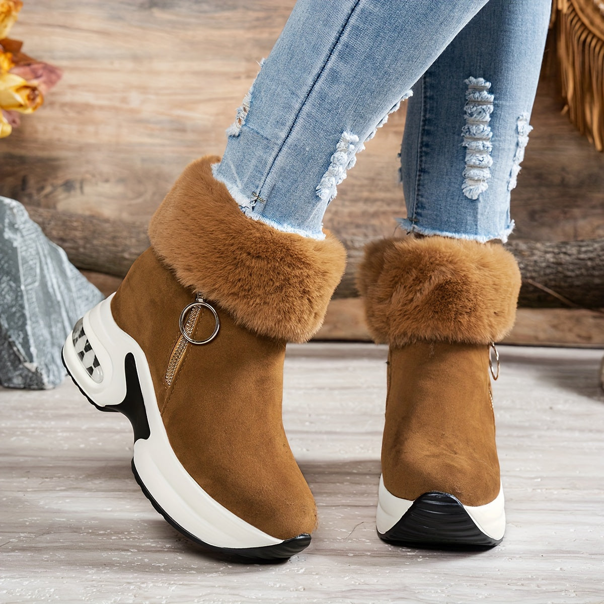 Women's Winter Plush-Lined Platform Ankle Boots with Thick Sole