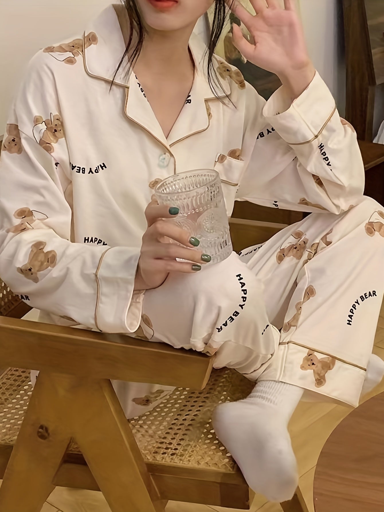 Women's Cartoon Bear Print Pajama Set Long Sleeve Blouse and Elastic Waist Pants