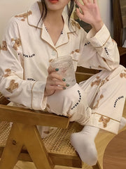 Women's Cartoon Bear Print Pajama Set Long Sleeve Blouse and Elastic Waist Pants