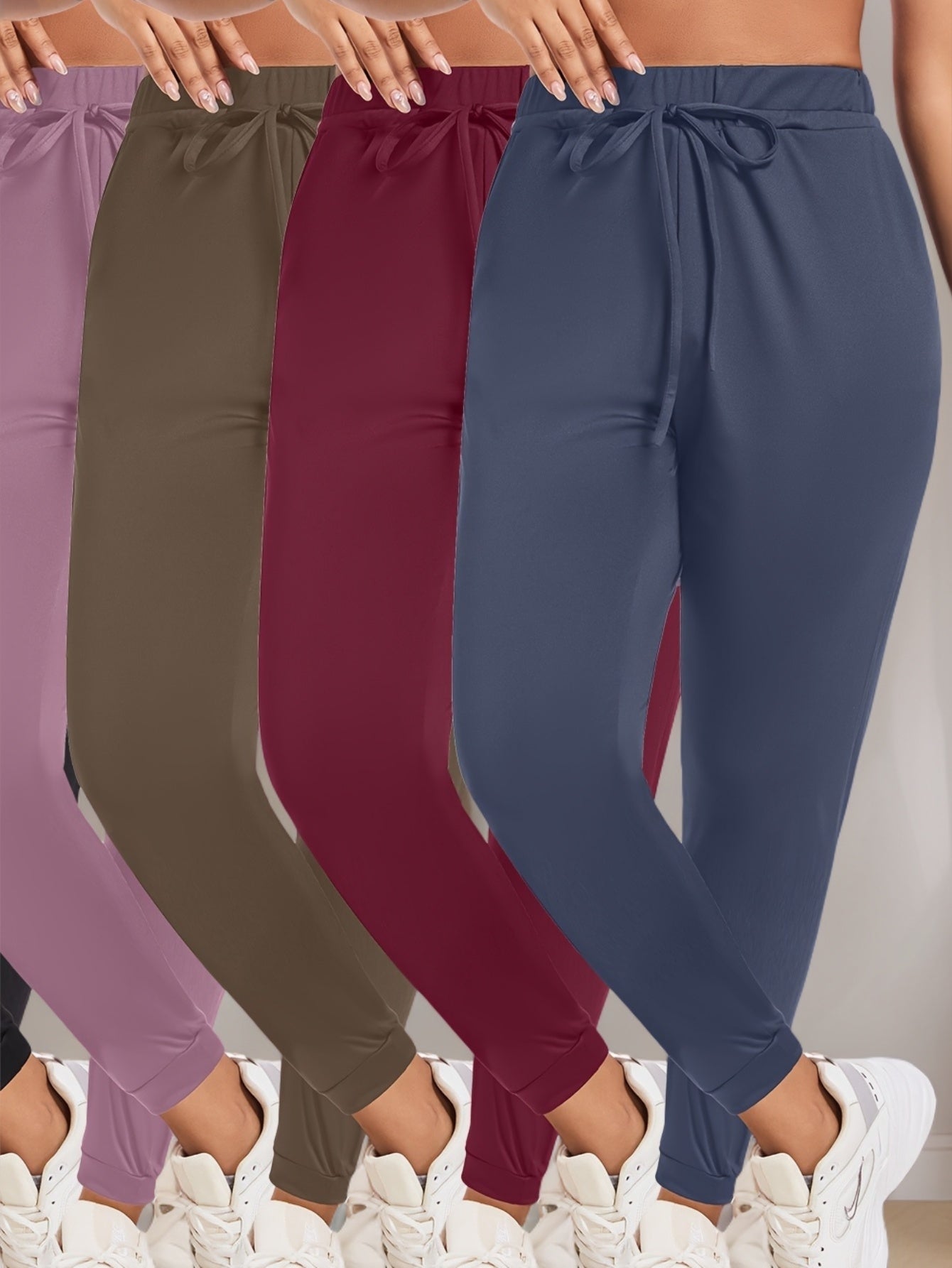 Pantalones de yoga para mujer de talla grande, joggers con cordón, color sólido, leggings deportivos