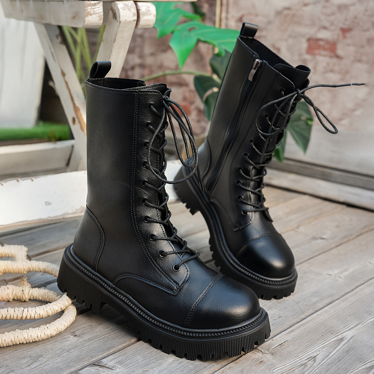 Women Chunky Platform Boots Leather Mid-Calf Non-Slip Sole All-Season