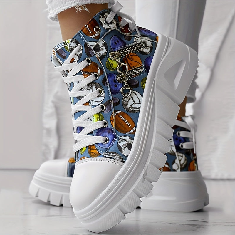 Women's Mid-Top Rainbow Heart Sneakers with Chunky Rubber Sole