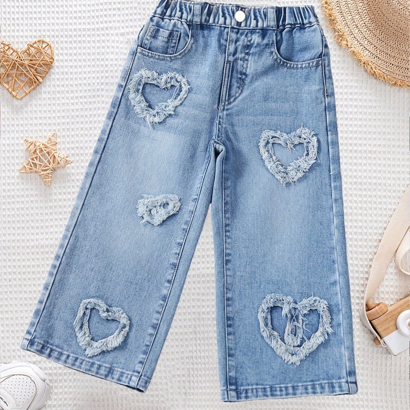 Девочки Детские джинсы с сердечным патчем, прямые, с эластичным поясом и растяжимым денимом