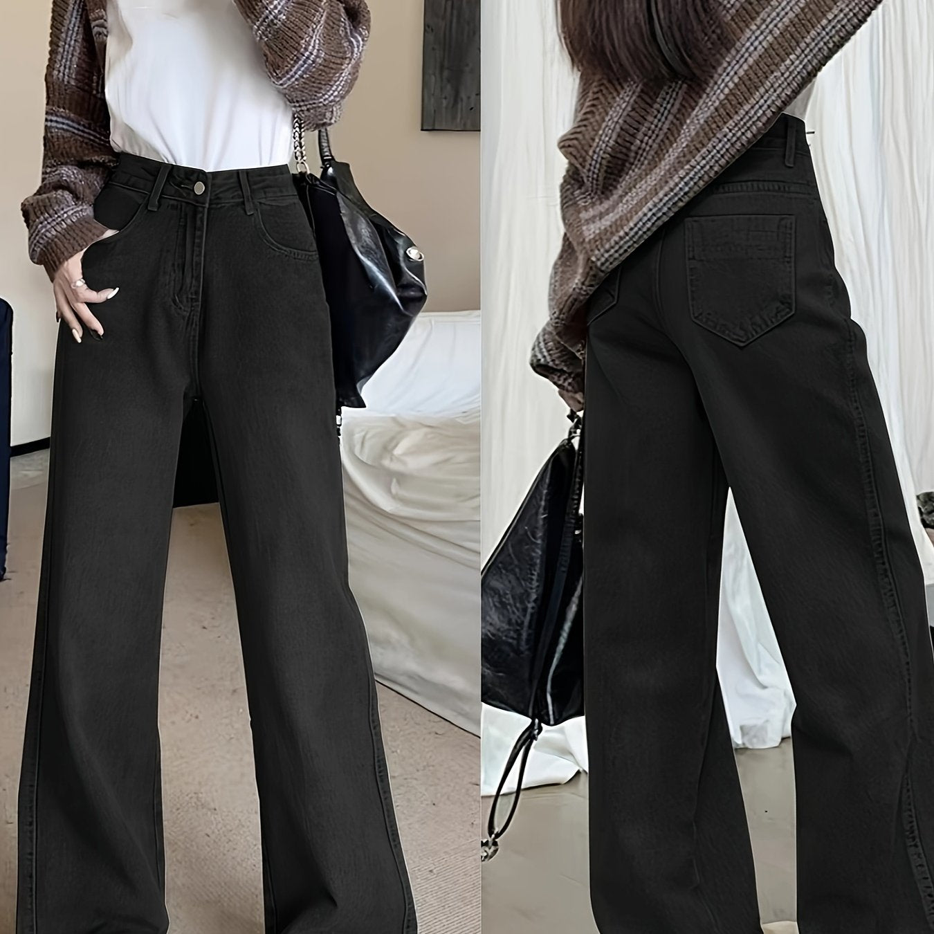 Ayollar uchun katta o'lchamli vintage yuqori bel keng bo'yinli keng yengli jinsilar, kundalik, buzilgan denim