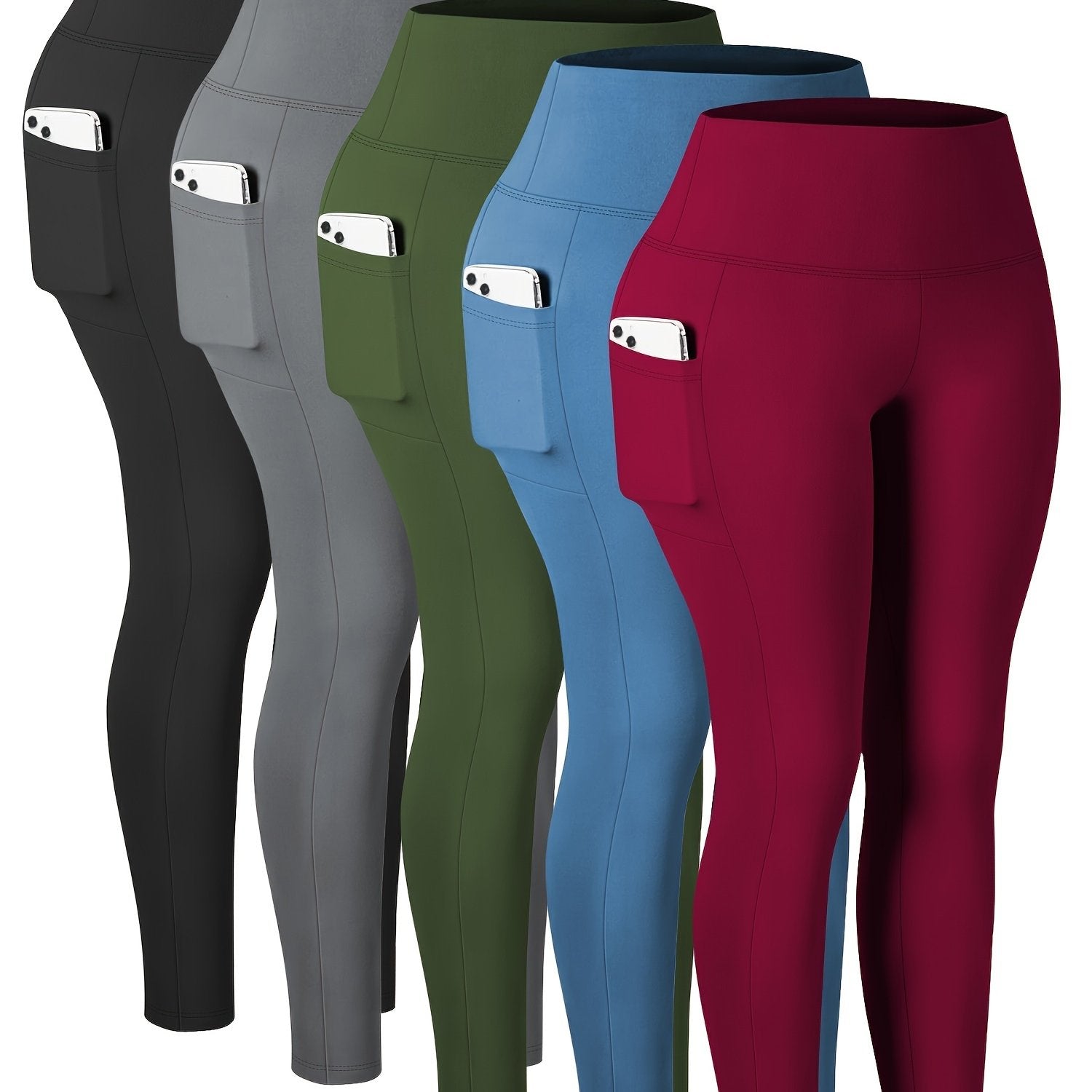Plus Size Women High-Waisted Leggings Set With Side Pockets 5 Pack