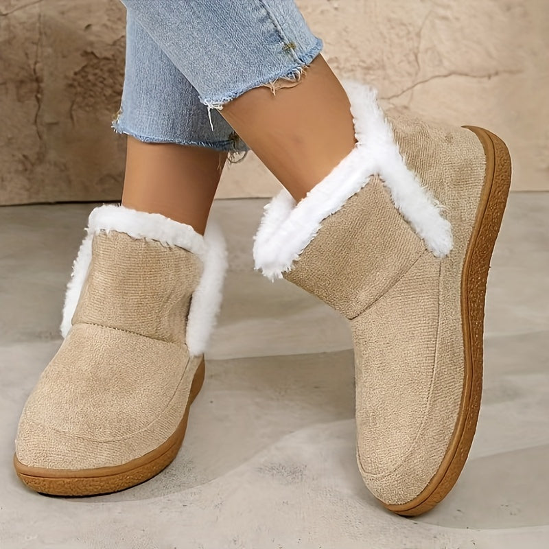 Women's Fleece-Lined Ankle Boots Casual Slip-On Short Boots Rubber Sole