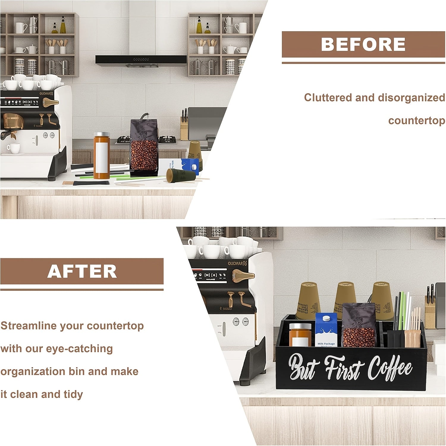 Rustic Wooden Coffee Station Organizer Countertop Pods Holder Condiment Basket