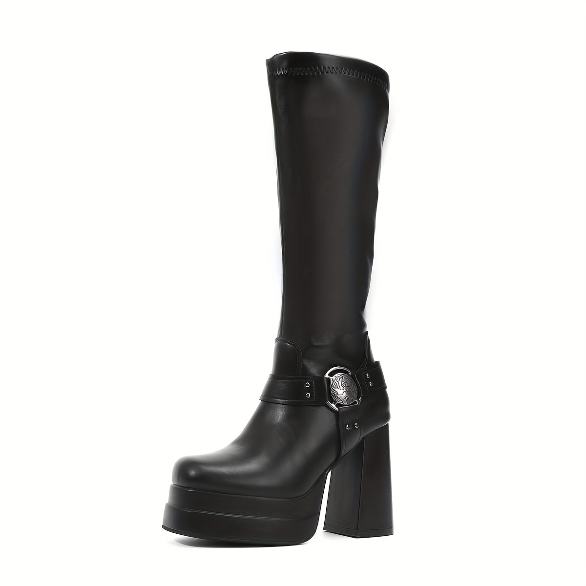 Women's Black Platform Ankle Boots with Chunky Heel and Buckle
