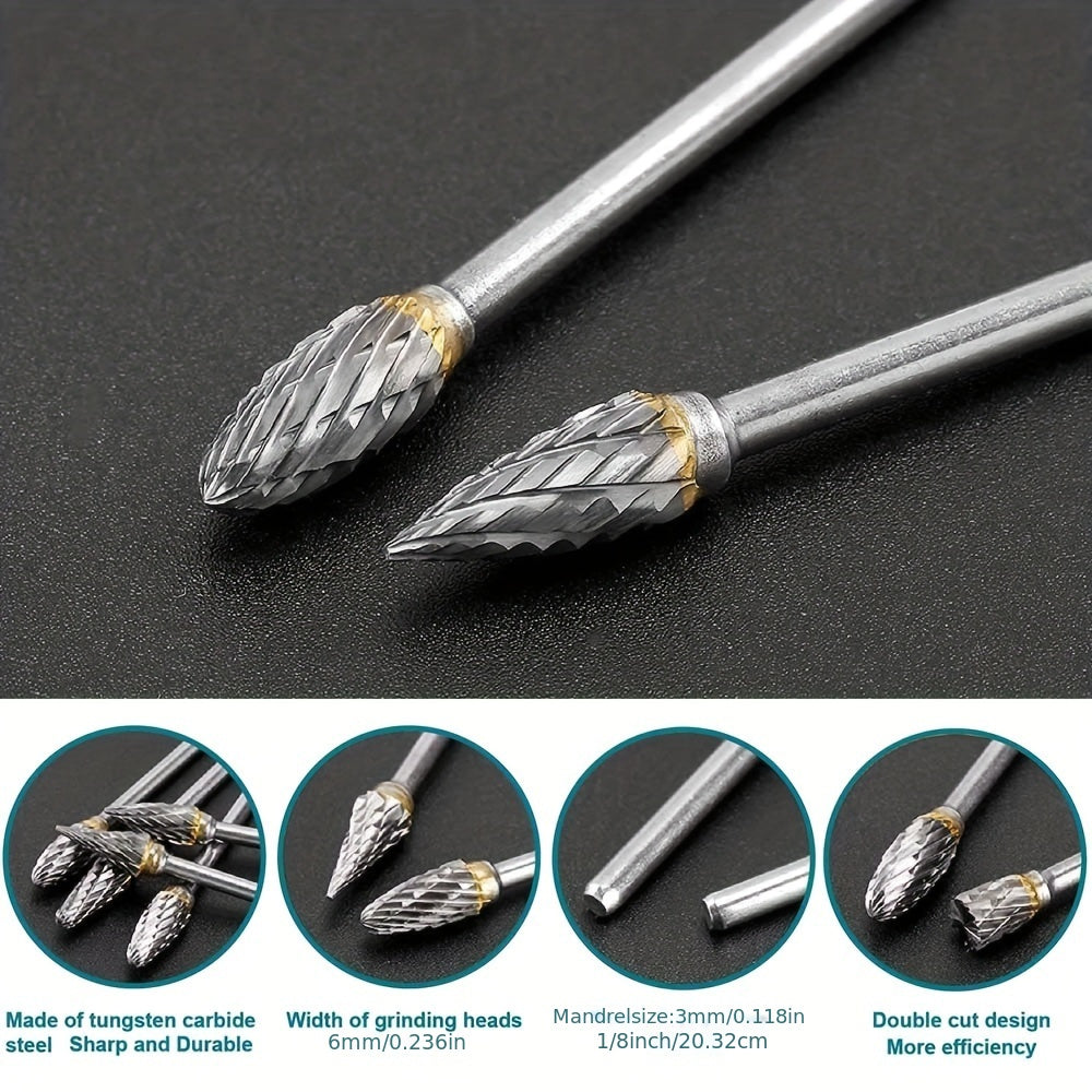 10-Piece Tungsten Carbide Rotary Burr Set 1/8 Inch Shank Double Cut for Metal Wood Plastic