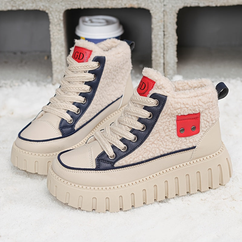 Women's Fleece-Lined Winter Boots Beige Rubber Sole Lace-Up Mid-Calf Snow Boots