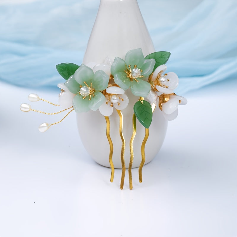 Vintage Bridal Hair Accessory with Green Glass Flower Leaves and Crystal Accents