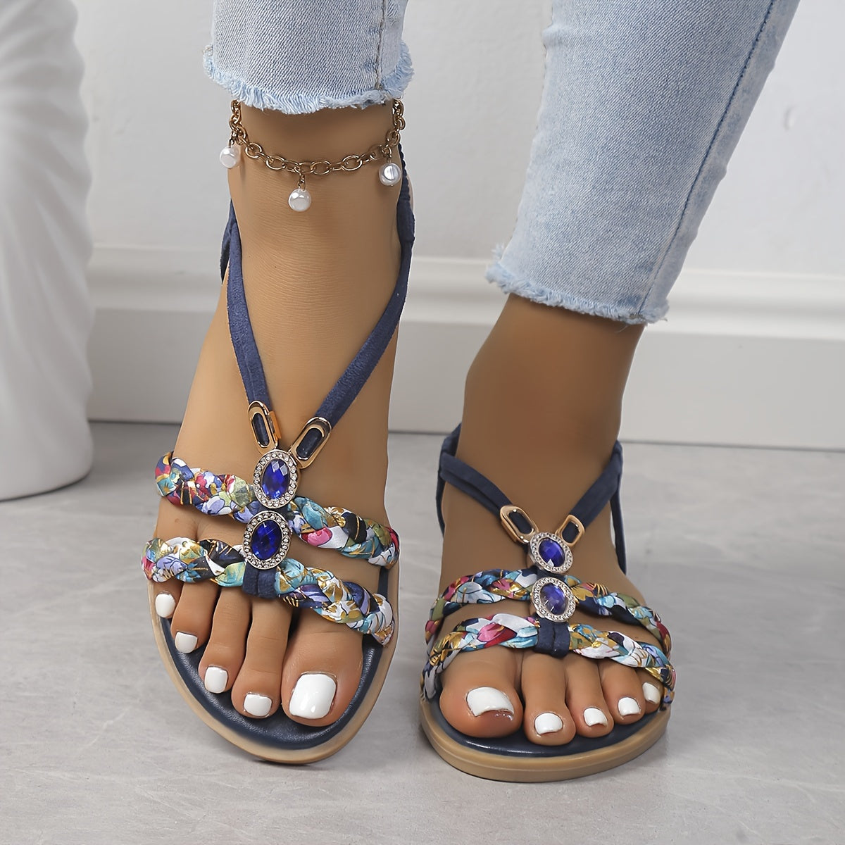 Women's Bohemian Handwoven Flat Sandals Open-Toe Slip-On Beach Shoes