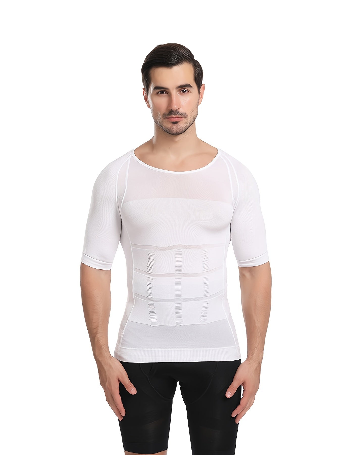 Qora erkaklar uchun siqish shaklida ko'ylak, kesilgan tasma tafsiloti bilan, tor kesim, yumshoq bo'yin, qisqa yeng, cho'ziluvchan mato.