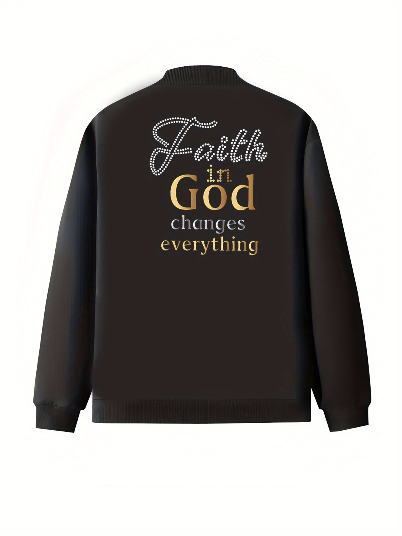 Plus Size Women's Black Baseball Collar Jacket with Gold Lettering