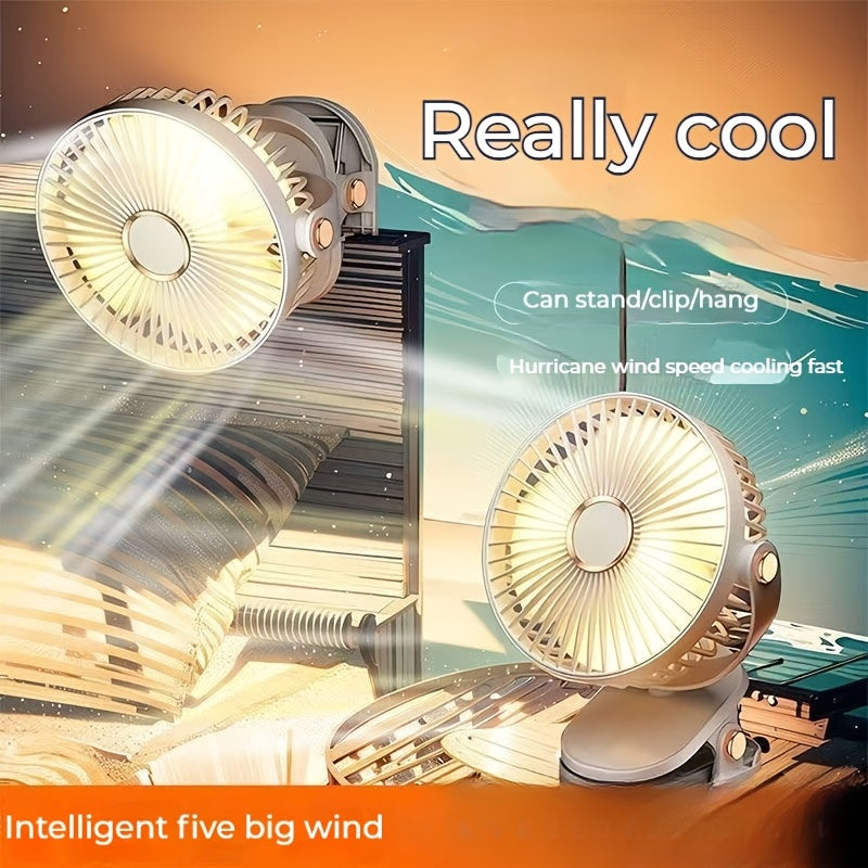 Portable Clip-On Table Fan with 360° Rotation 5-Speed Rechargeable Lithium Battery
