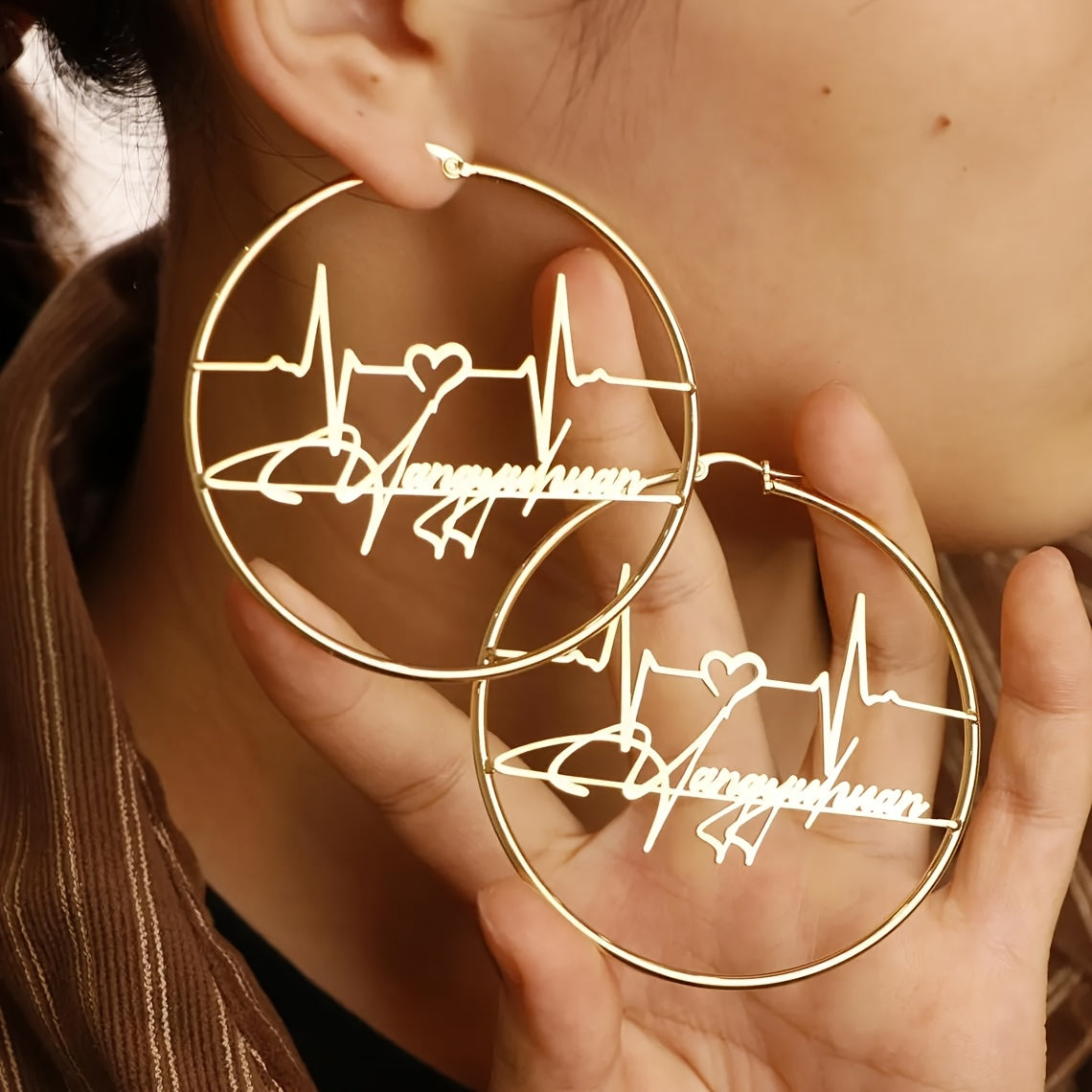 Personalized Heartbeat Earrings Gold-Toned Stainless Steel Hoop 70mm