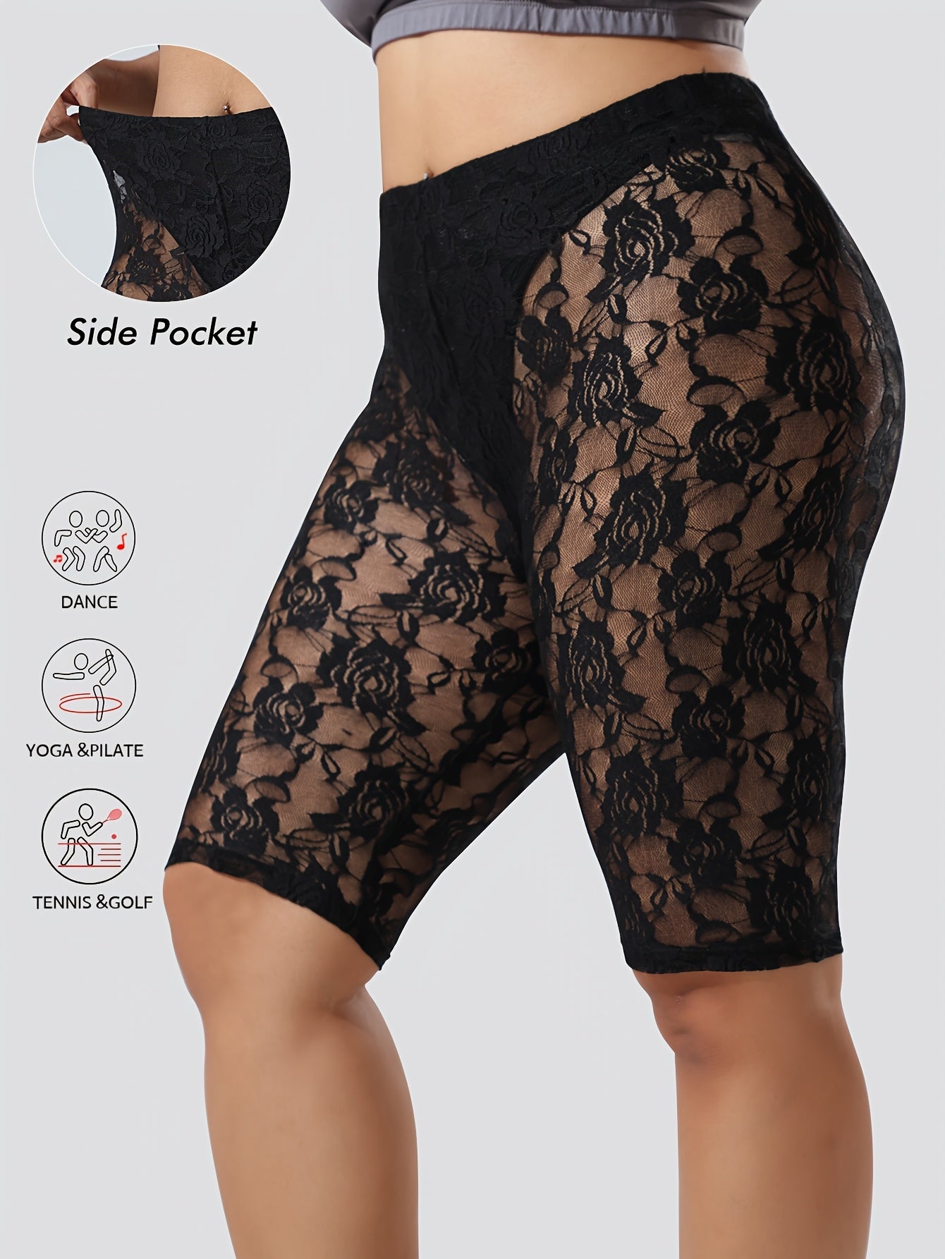 Plus Size Women's Lace Trim High-Waisted Shorts Black Floral Breathable