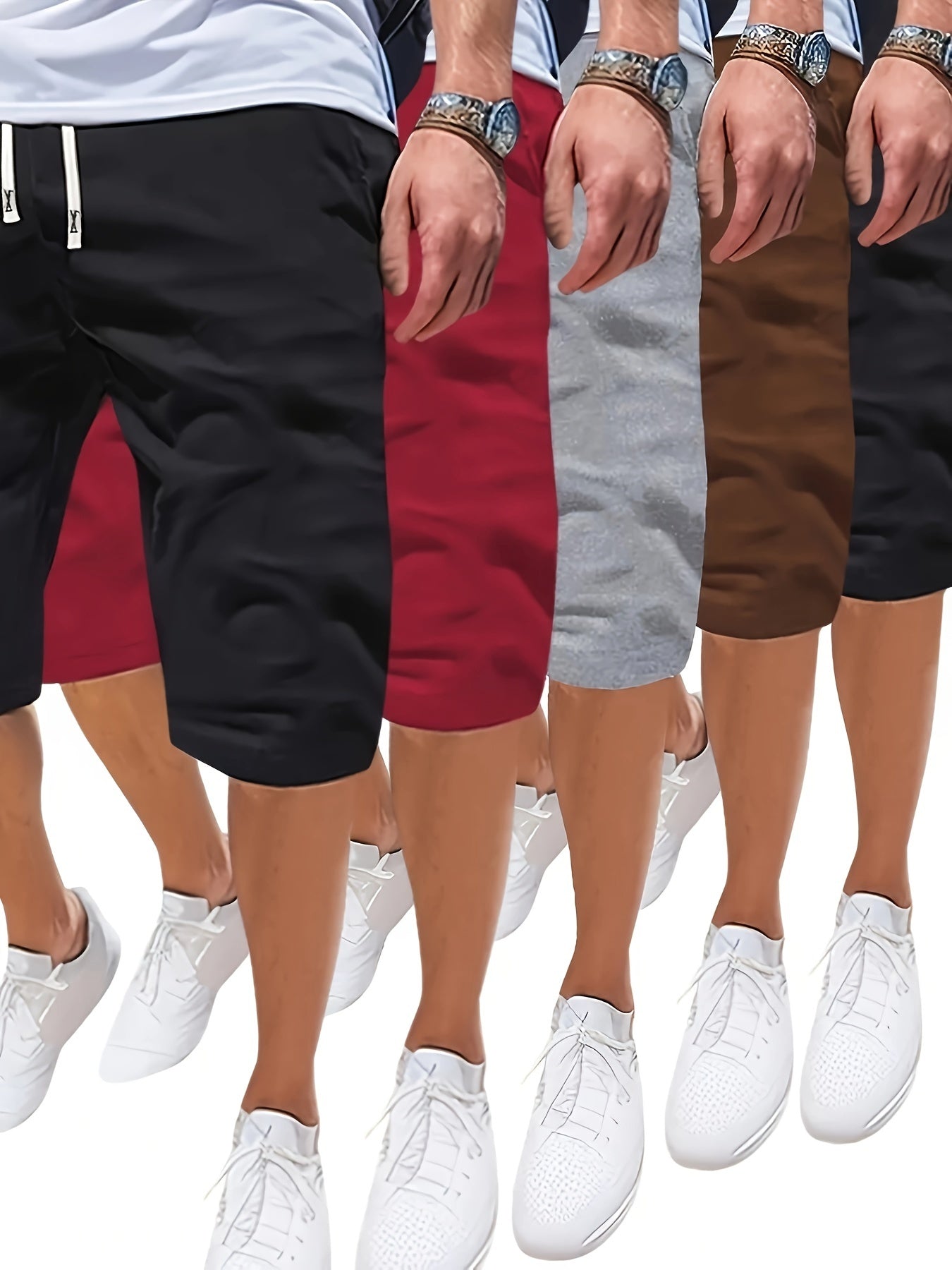 Erkaklar uchun katta o'lchamdagi kundalik shortlar, polyester, chiziqli cho'ntaklar, yengil to'qilgan, qora, burgundy, kulrang, jigarrang, bej