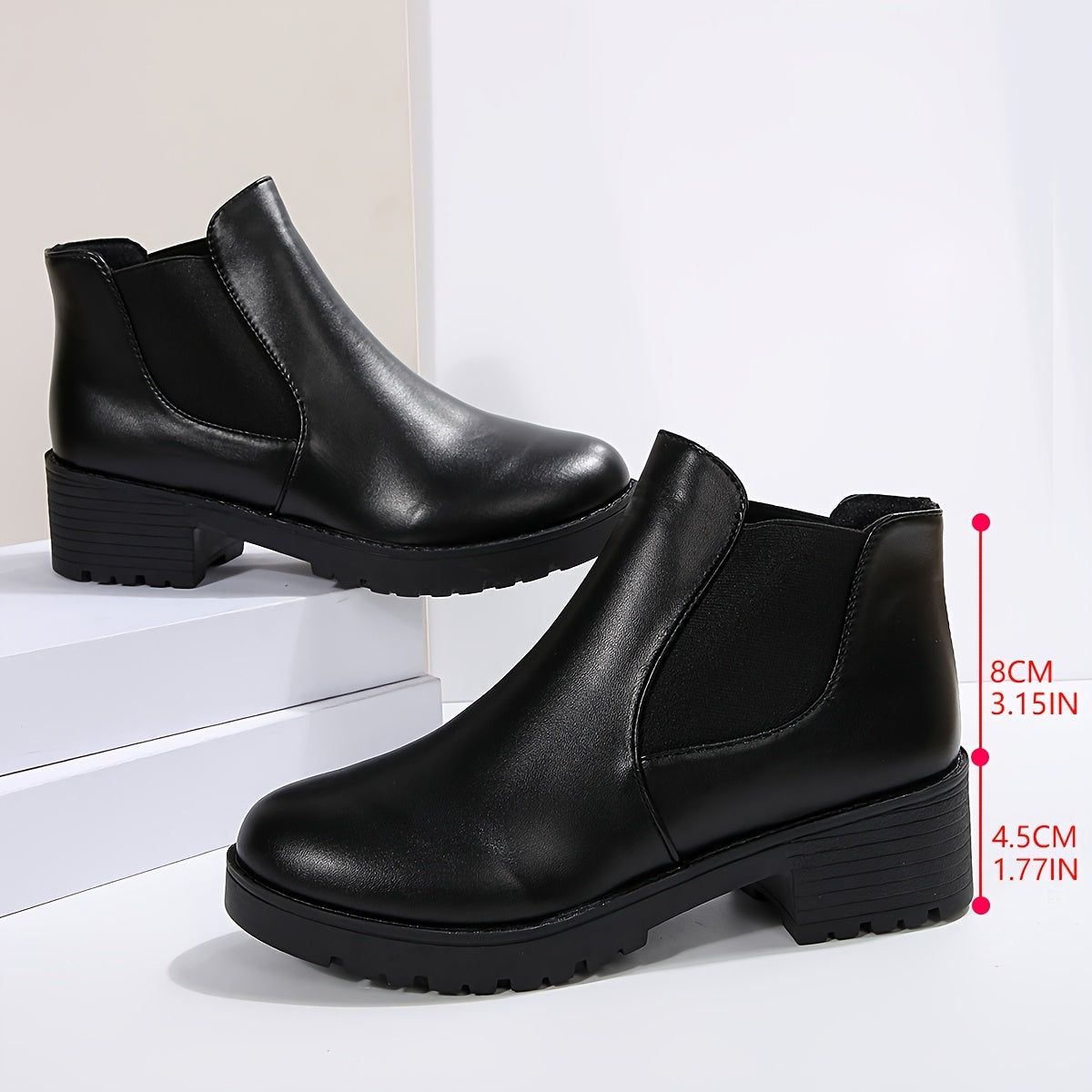 Women's Chunky Heel Ankle Boots Slip-On Round Toe Mid-Calf Leather Shoes