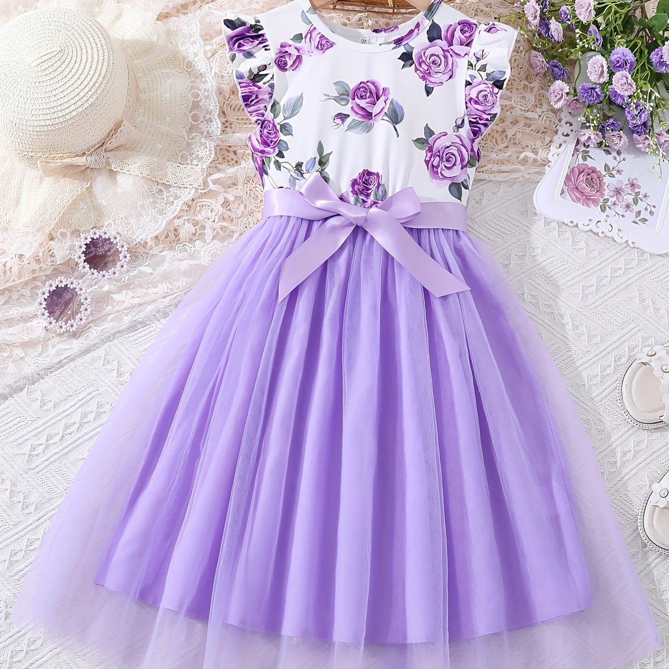 Girls Summer Floral Dress with Spaghetti Straps and Bow Detail