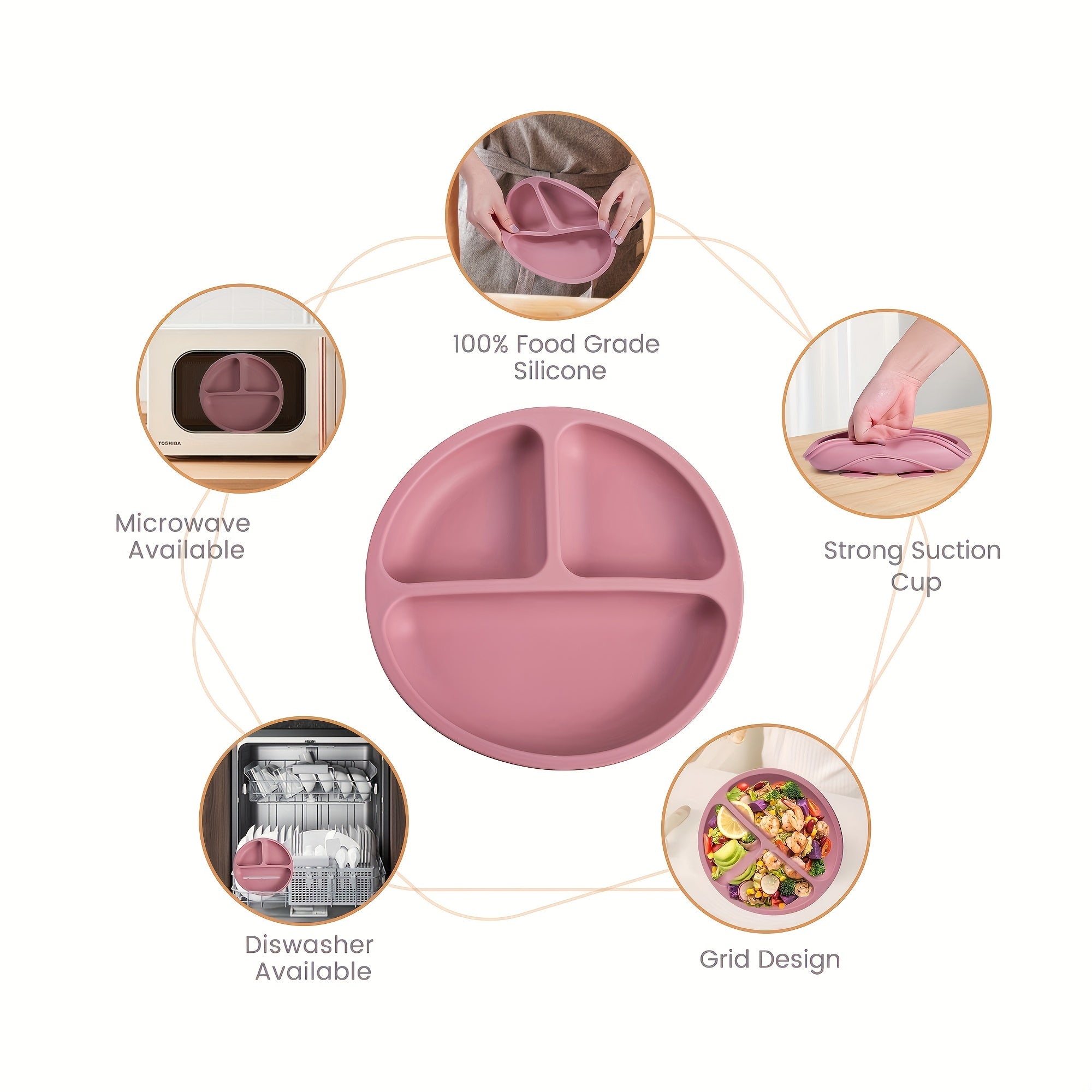 Silicone bolalar ovqatlantirish to'plami bo'linadigan plastinka bilan, BPA-free, bolalar uchun boshqariladigan ovqatlantirish uchun