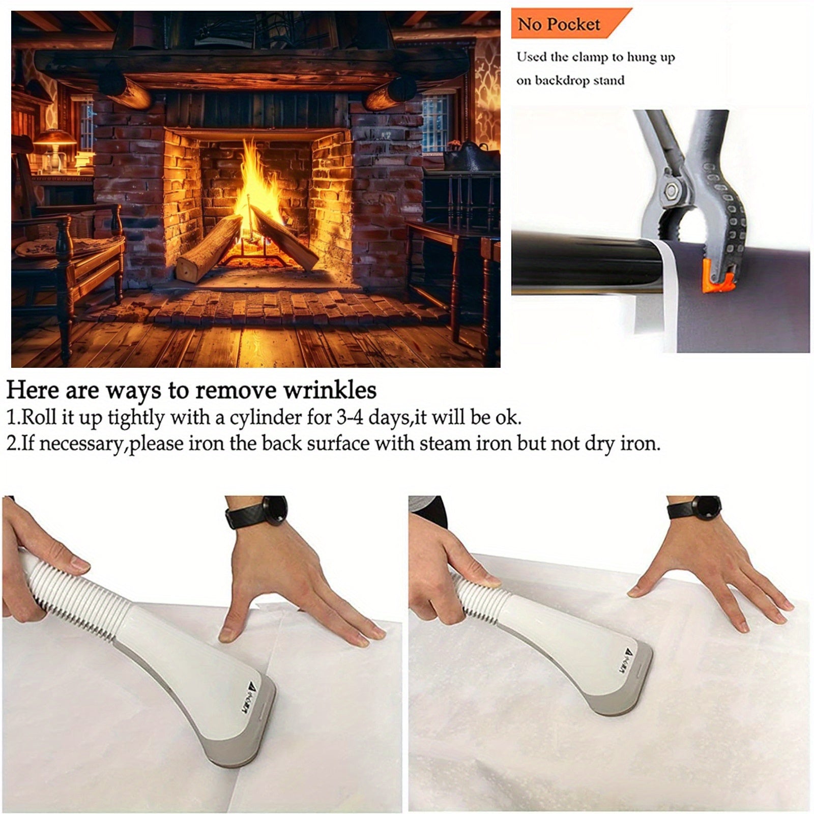 Realistic Fireplace Polyester Backdrop with Burning Wood Design in Multiple Sizes