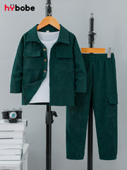 O'g'il bolalar uchun kuzgi paxta ko-ord to'plami, uzun qo'l ko'ylak, yuk sumkasi, kundalik ochiq havoda kiyim