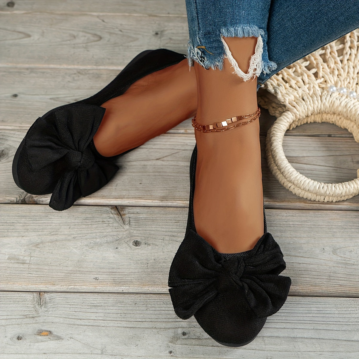 Women's Flannel Bow-Knot Flats Comfortable Slip-On Round Toe Shoes