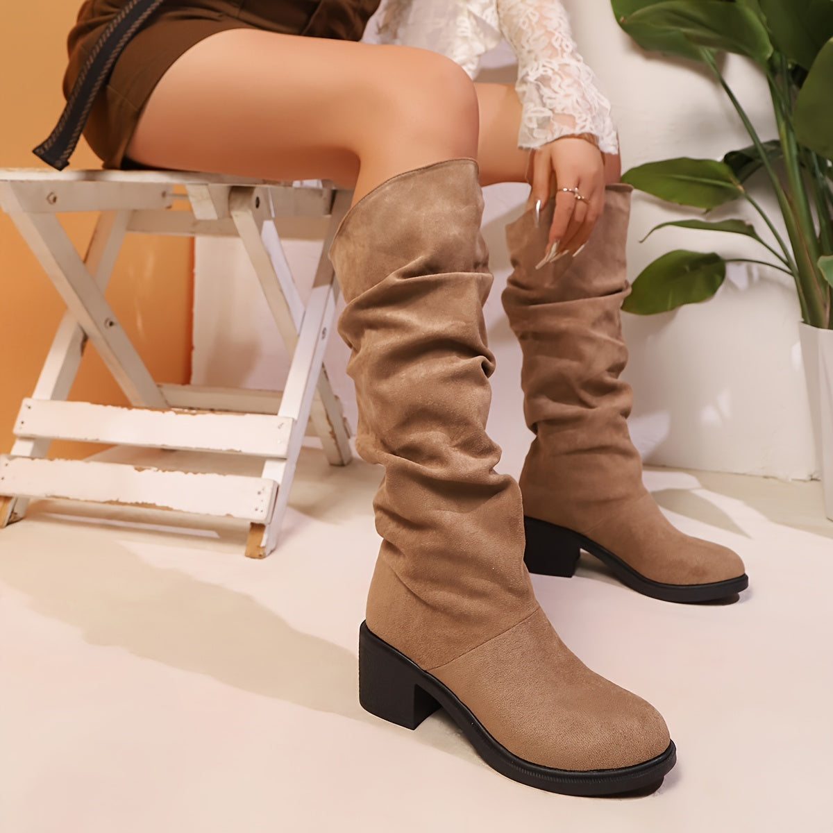 Женские кожаные сапоги до середины икры с платформой и каблуком-скользящим, всесезонные