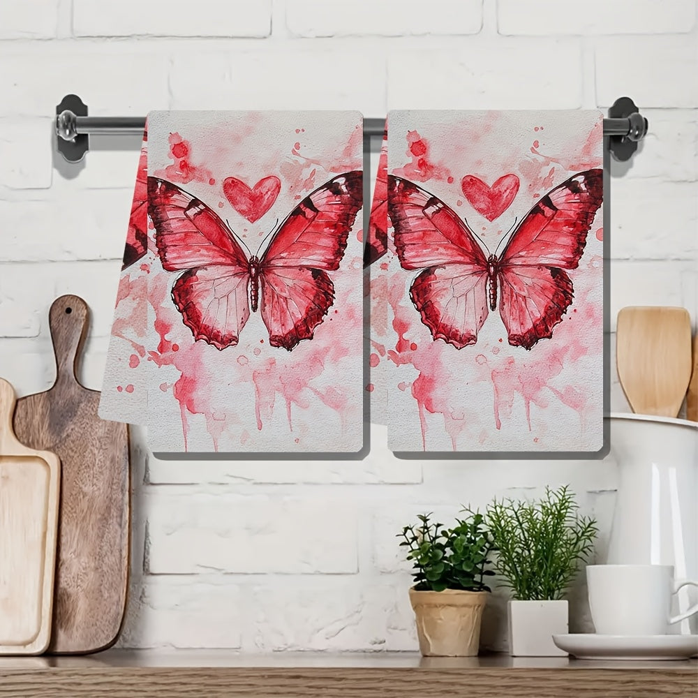 Valentine's Day Kitchen Towels Red Butterfly Heart Absorbent 16x24 Inches