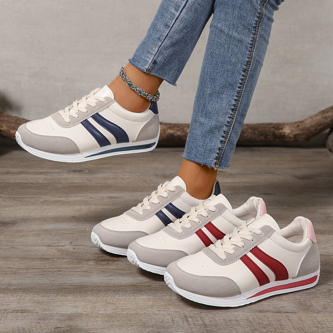 Women's Lightweight Low-Top Sneakers White Navy Red Casual Running Walking