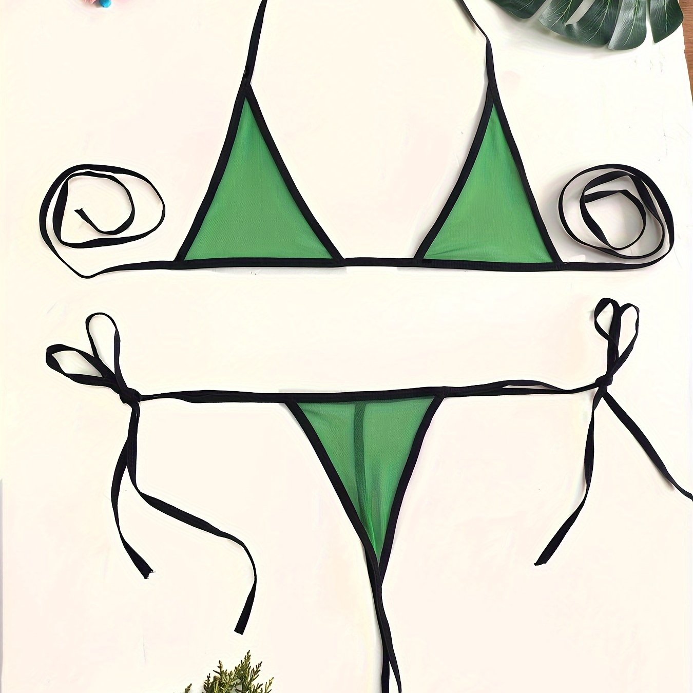 Mesh Bikini Lingerie Set with Green Triangle Trim and Adjustable Straps
