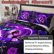 Set of 3 Purple Butterfly Floral Quilt Bedding Set with Pillowcases All Season Soft Breathable