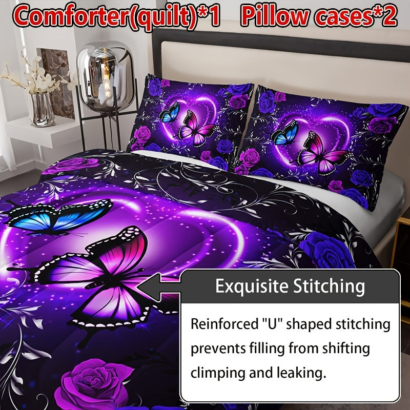 Set of 3 Purple Butterfly Floral Quilt Bedding Set with Pillowcases All Season Soft Breathable