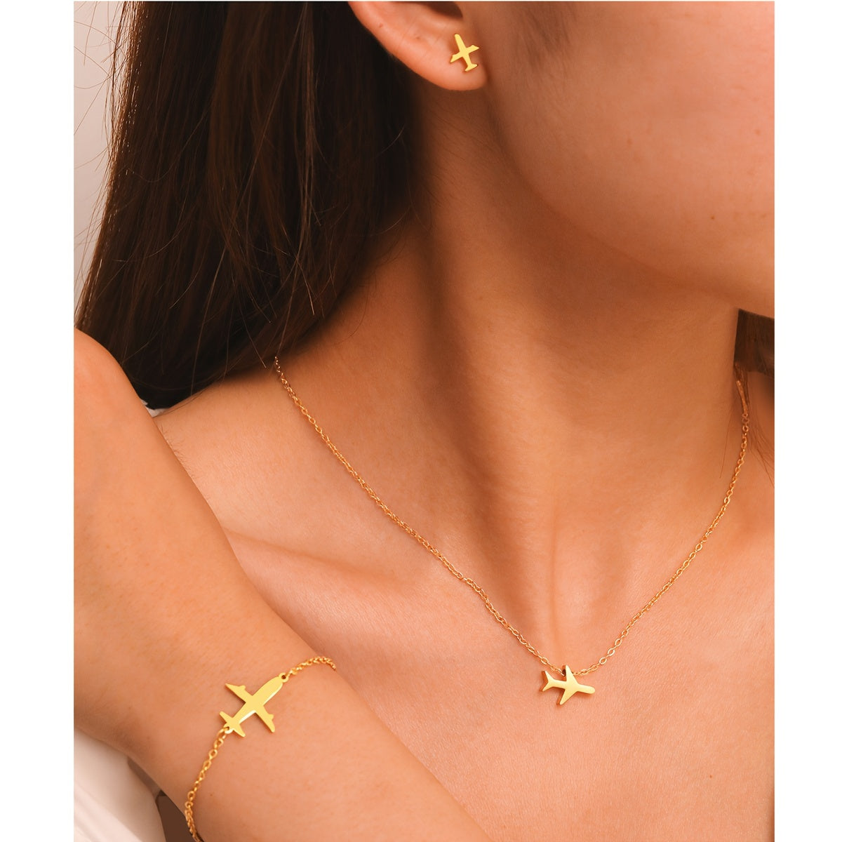 Women’s Jewelry Set Stainless Steel Airplane Pendant Necklace Bracelet Earrings Gift