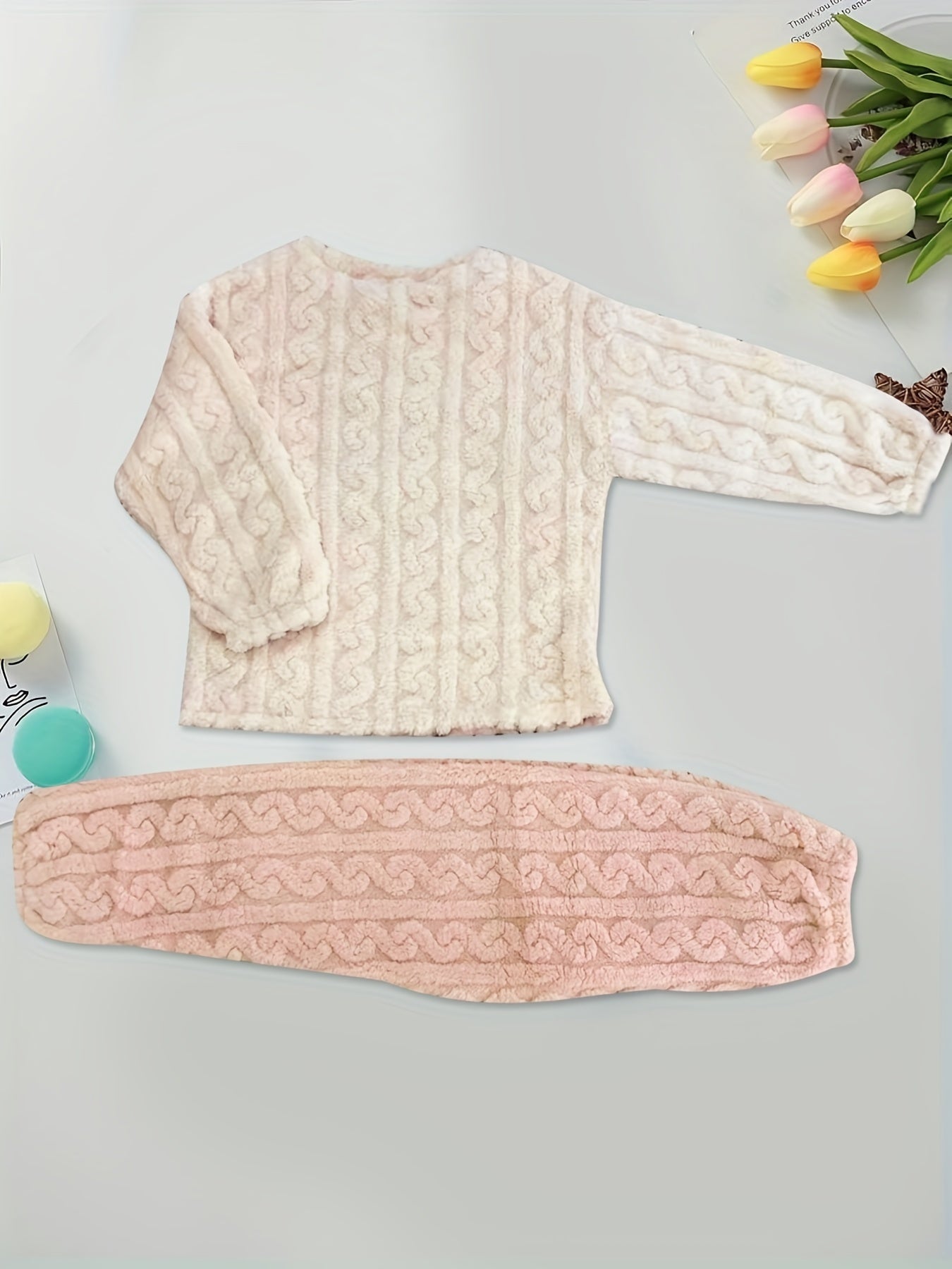 Women's Bear Print Fuzzy Pajama Set with Long Sleeve Top and Pants for Sleepwear and Loungewear