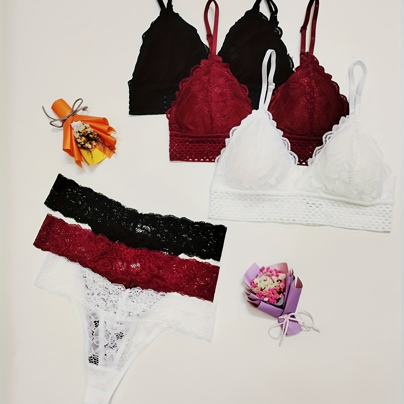 Women’s Lace Bra and Panties Set with Contrast Scallop Trim Mesh Lingerie
