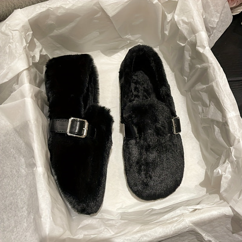 Women's Black Corduroy Loafers with Thick Sole and Metal Buckle