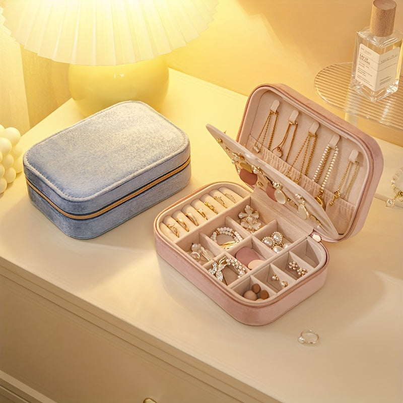 Organizador de joyas de terciopelo con cremallera, estuche de viaje con almacenamiento de tres niveles para pendientes, collares, anillos y relojes