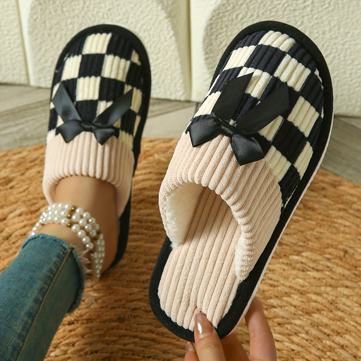 Unisex Checkered Knit Slip-On Slippers with Bow Indoor Comfort
