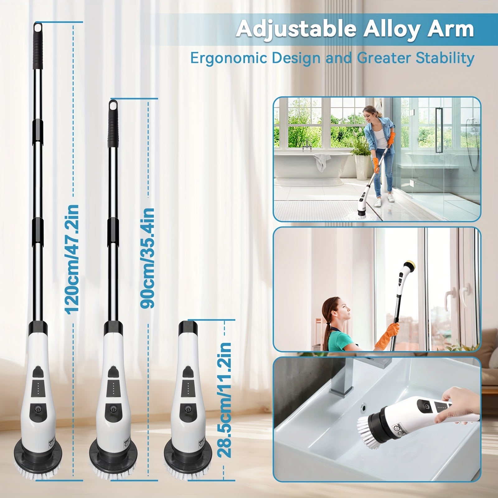 Wireless Electric Rotating Cleaning Brush with Replaceable Heads and Adjustable Handle