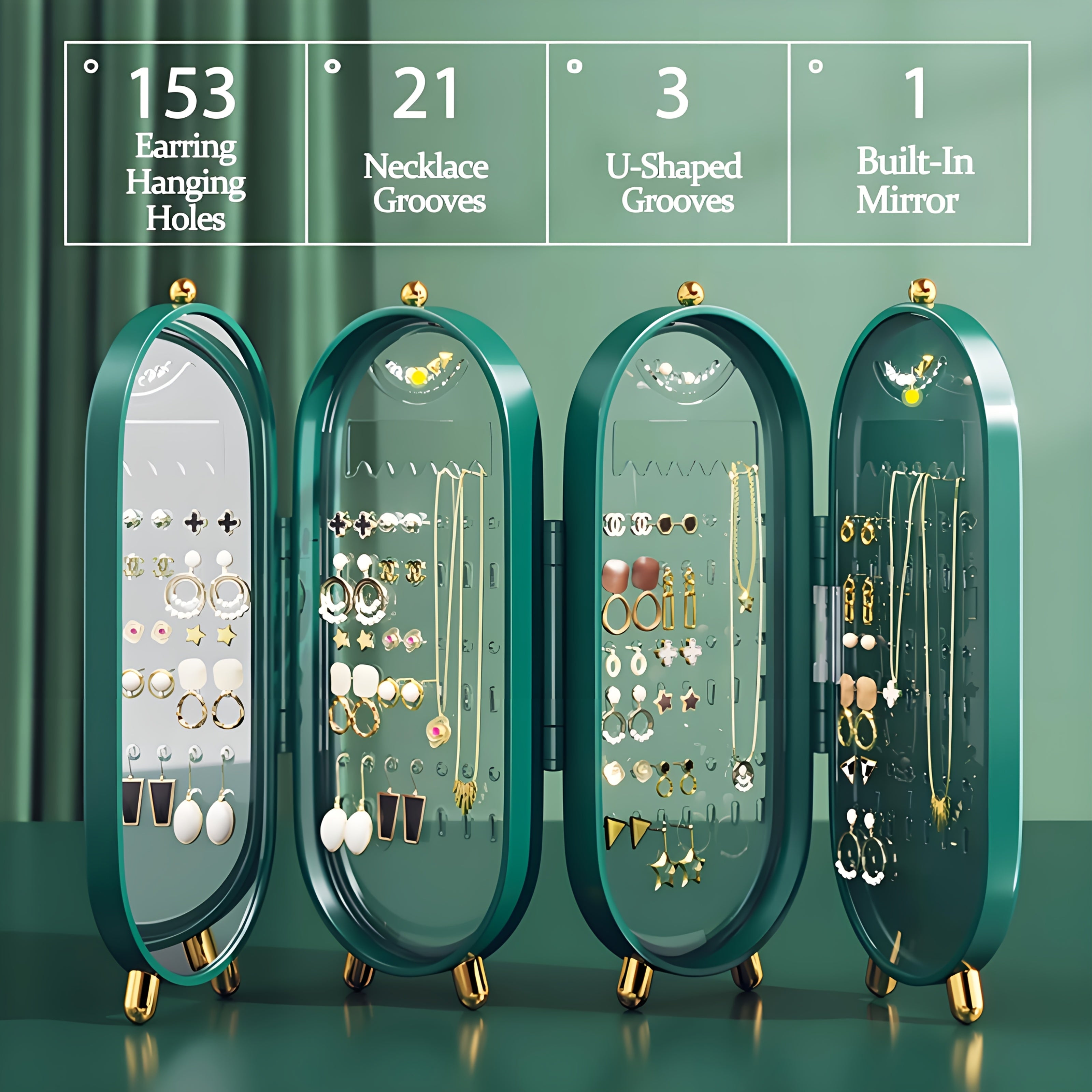 4-Layer Jewelry Organizer with Mirror Foldable Plastic Holder for Earrings and Necklaces