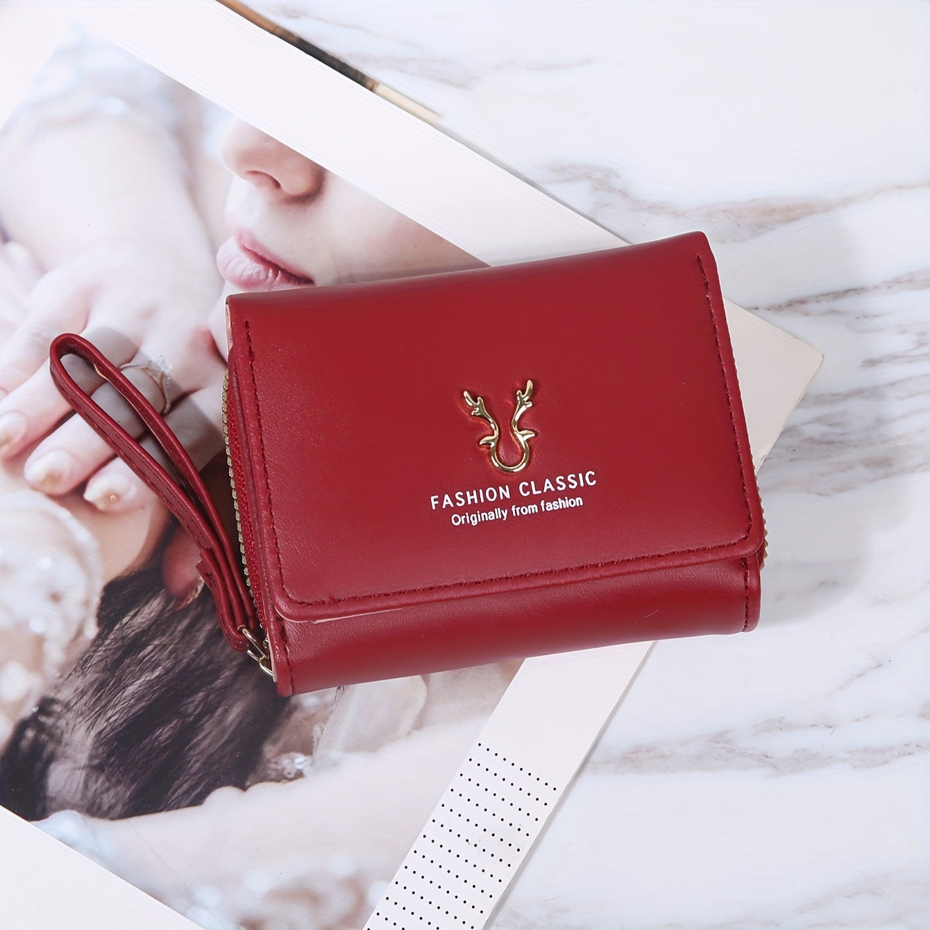 Men's Black PU Tri-Fold Wallet with Card Slots and Buckle