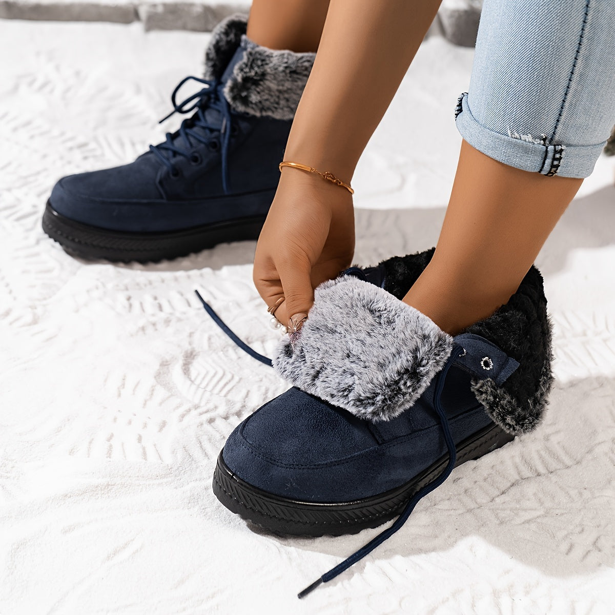 Ladies Winter Faux Leather Lace-Up Snow Boots Waterproof Anti-slip