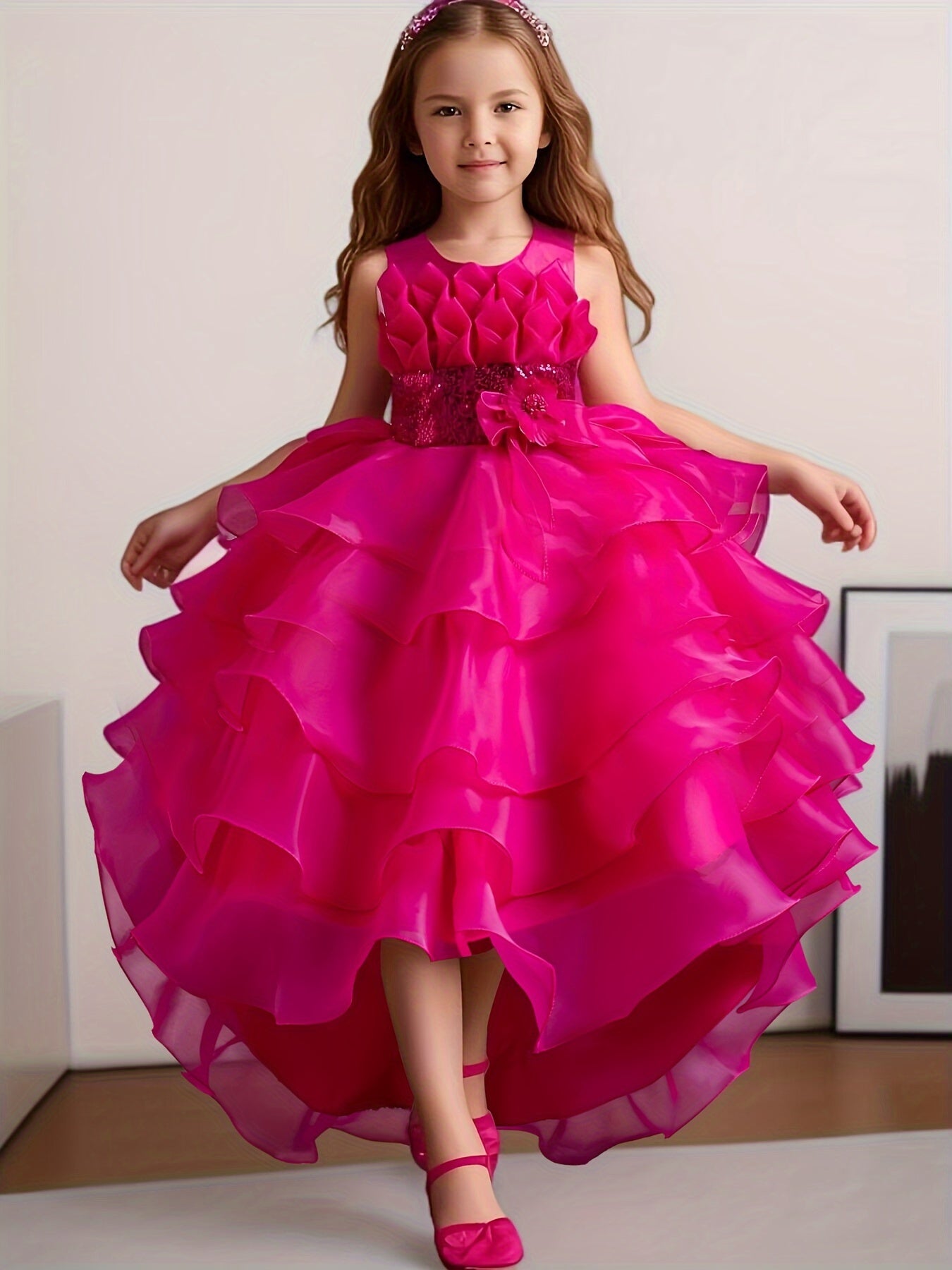 Girls Sequin Cake-Style Dress for Performance Weddings Graduation Princess Fluffy Toddler