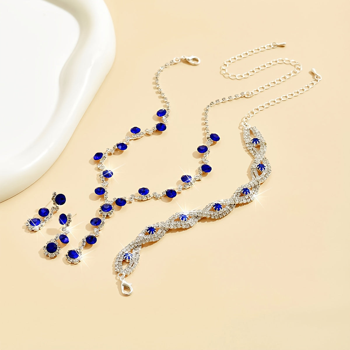 Sapphire Blue Jewelry Set with Necklace Earrings and Bracelet Synthetic November Birthstone