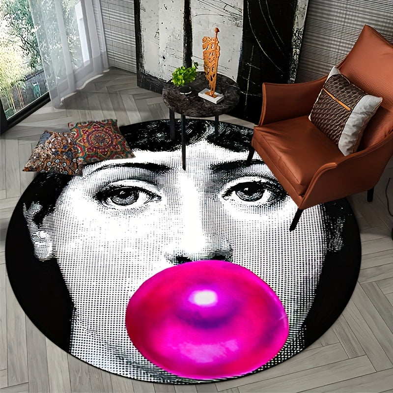 Round Non-Slip Rug with Woman Blowing Bubbles, Machine Washable, Indoor Outdoor Use